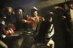 Détail de l'huile sur toile "La Vocation de saint Matthieu" de Le Caravage - Église San Luigi dei Francesi à Rome (Italie).